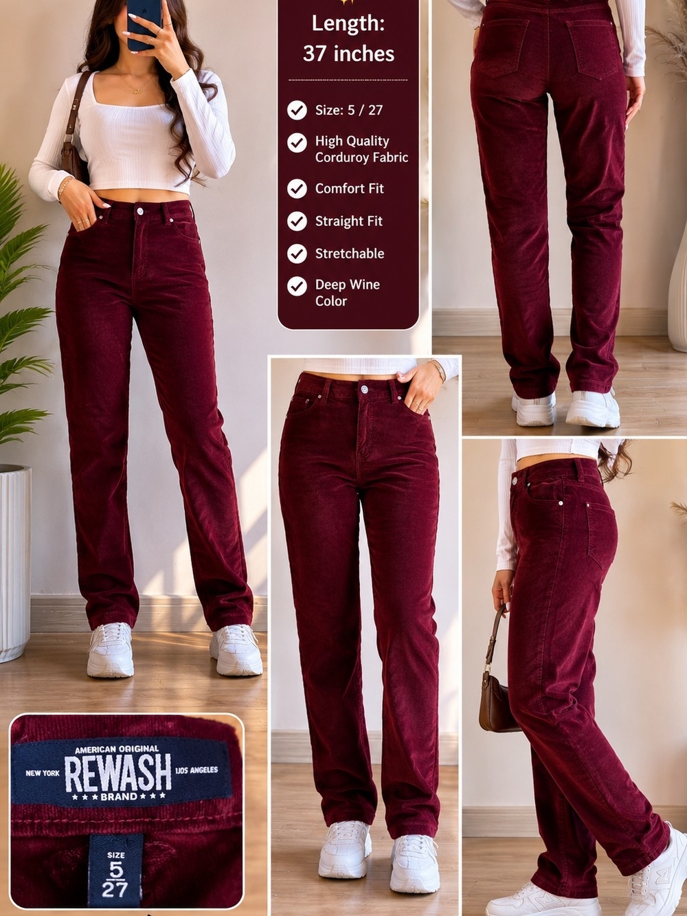 Rewash Deep Wine Corduroy Straight Pants